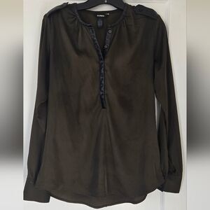 Express Dark Olive Long Sleeve Blouse with Faux Leather Accents